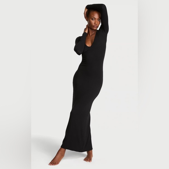 Victoria’ Secret Maxi Slip Dress Women XXL Black Ribbed Modal Deep-V Long-Sleeve - Picture 8 of 8
